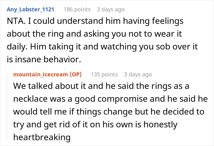 Screenshot of an online discussion about a breaking up ultimatum over ring and emotional reactions to it. Screenshot of an online discussion about a breaking up ultimatum over ring and emotional reactions to it.