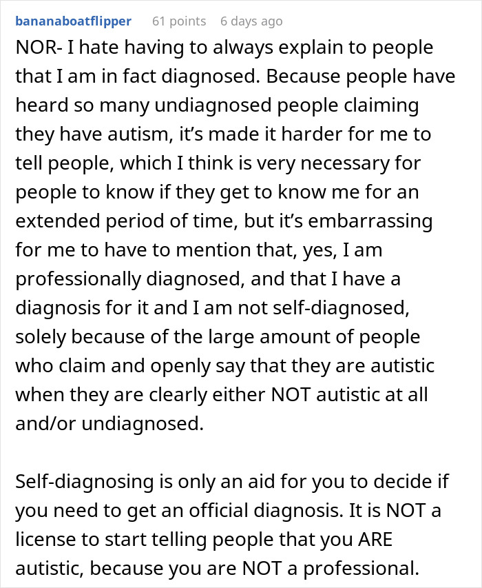 Text excerpt explaining frustration with people self-diagnosing autism versus those professionally diagnosed. Text excerpt explaining frustration with people self-diagnosing autism versus those professionally diagnosed.