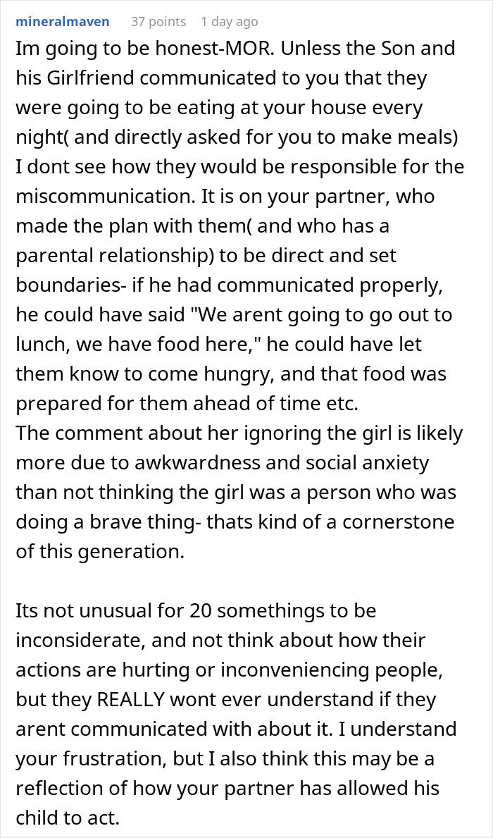 Comment discussing woman bending over backwards for boyfriend’s son and his girlfriend and feeling disgusted by their treatment.