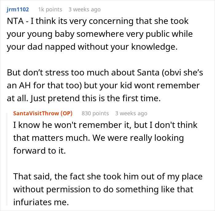 Step-grandma sneaks baby to Santa during babysitting, causing loss of babysitting privileges due to lack of permission and trust. Step-grandma sneaks baby to Santa during babysitting, causing loss of babysitting privileges due to lack of permission and trust.