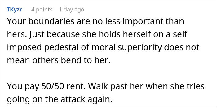 Comment discussing respect for boundaries and refusing to follow roommate&rsquo;s strict vegan rules in shared kitchen.