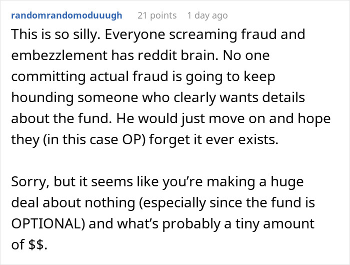 Comment discussing shady fund manager refusing to show receipts while woman refuses to pay more money. Comment discussing shady fund manager refusing to show receipts while woman refuses to pay more money.