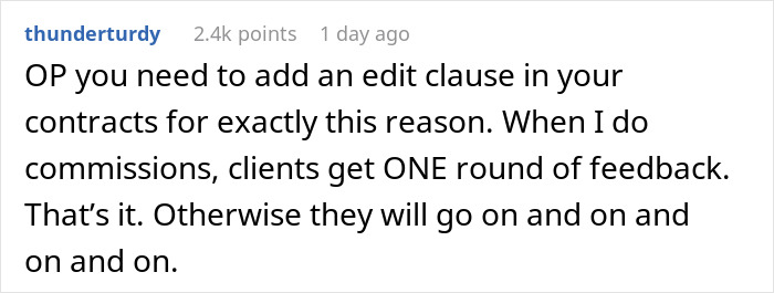 Reddit comment advising to add an edit clause for commissions to avoid endless feedback, highlighting MIL’s plan to make bride look ugly.