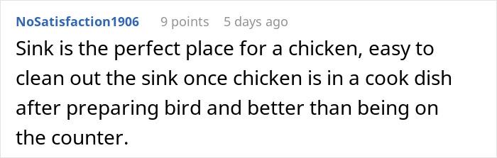 Comment thread discussing woman losing appetite after seeing how her MIL prepares chicken in the kitchen sink. Comment thread discussing woman losing appetite after seeing how her MIL prepares chicken in the kitchen sink.
