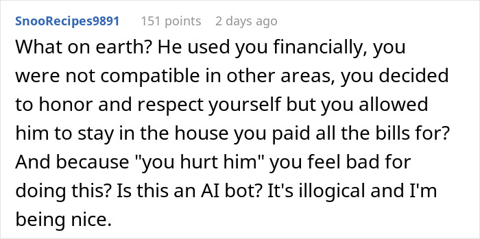 Commenter questioning a woman’s regret after divorce, highlighting financial and emotional challenges in relationships. Commenter questioning a woman’s regret after divorce, highlighting financial and emotional challenges in relationships.