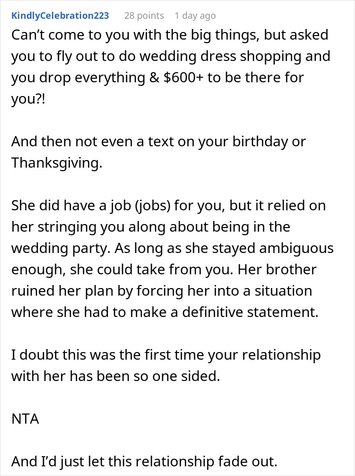 Text post discussing wedding dress shopping and the emotional strain leading to a painful friendship wake-up call.