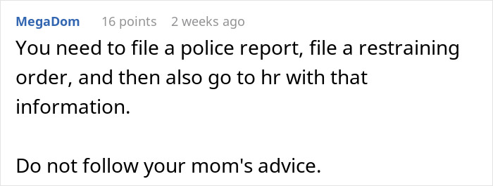 Screenshot of social media comment advising to file a police report and contact HR after coworker conflict.