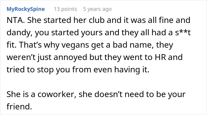 Comment discussing employee pushback against vegan-only club and resulting literal beef conflict in the workplace. Comment discussing employee pushback against vegan-only club and resulting literal beef conflict in the workplace.