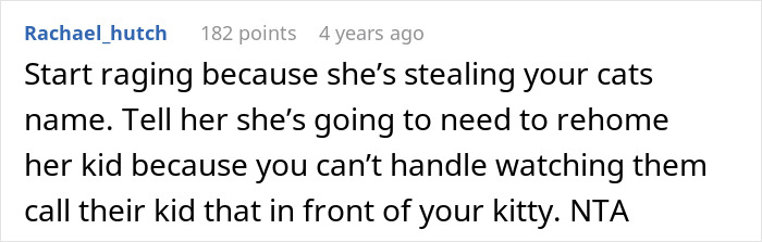 Screenshot of a Reddit comment about a sister demanding family rehomes or renames an 11-year-old cat over his name. Screenshot of a Reddit comment about a sister demanding family rehomes or renames an 11-year-old cat over his name.
