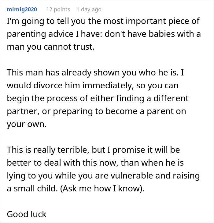 Screenshot of online comment advising not to have babies with an untrustworthy man risking future child’s health and trust issues.
