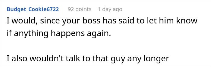 Comment on a forum discussing a guy telling coworker she should stay home and birth babies, user advises reporting him.