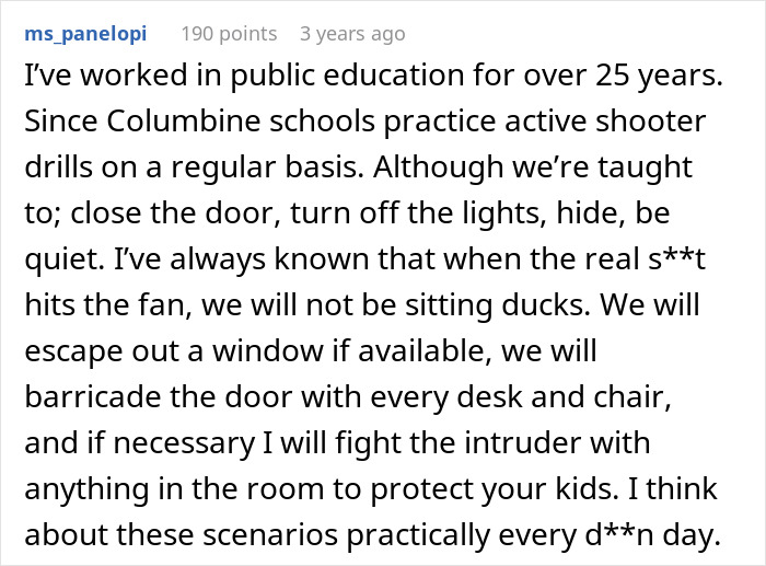 Comment from a public education worker sharing mass shooting survival tips based on active shooter drills experience.