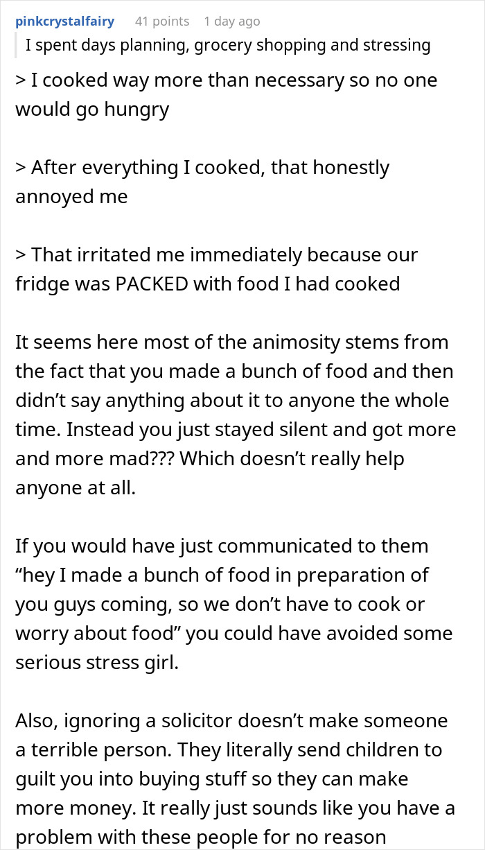 Screenshot of a Reddit comment discussing feeling annoyed after cooking excess food and the dynamics with boyfriend’s son and his girlfriend.