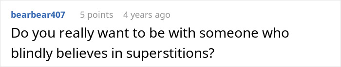 Screenshot of an online comment questioning dating someone who blindly believes in superstitions related to astrology.