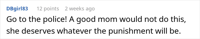 User comment stating that a good mom would not nuke a credit score and should face punishment for it.