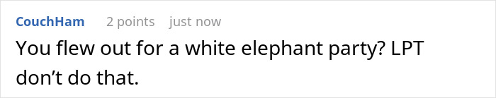 Comment on a forum discussing a white elephant gift party with a cautionary note against attending.
