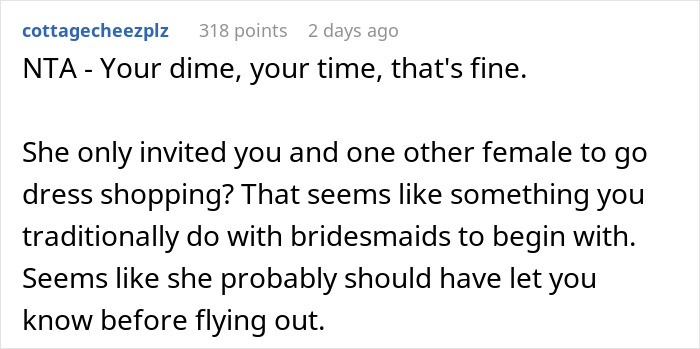 Screenshot of a Reddit comment discussing a painful wedding dress shopping trip as a friendship wake-up call.