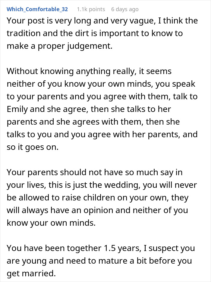 Alt text: Online forum discussion about man considering canceling wedding after fiancée’s family hires PI to uncover dirt. Alt text: Online forum discussion about man considering canceling wedding after fiancée’s family hires PI to uncover dirt.