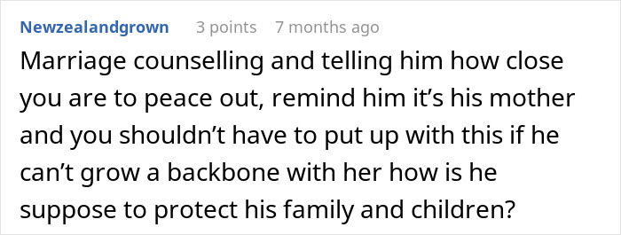Comment about husband not standing up to his mother, wife considering walking away, highlighting family and protection issues.