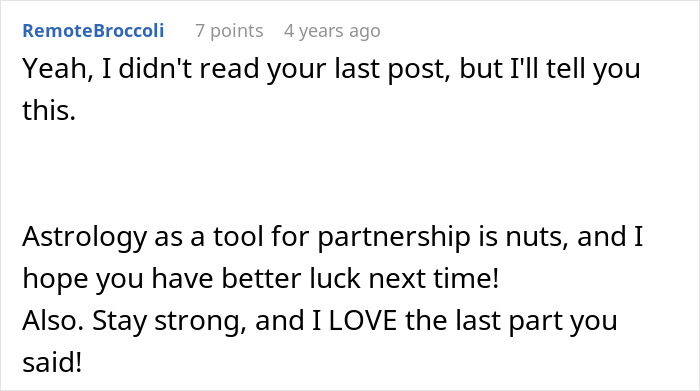 Comment about astrology and partnership, expressing hope for better luck and encouragement to stay strong.