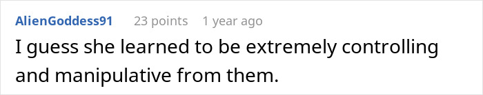 Comment text on a white background discussing controlling and manipulative behavior in a relationship context.