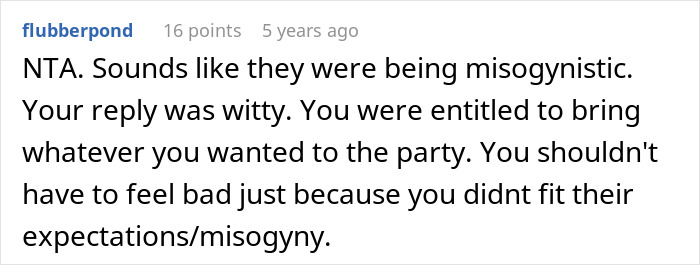 Screenshot of a Reddit comment defending a store-bought dessert choice in office potluck drama context. Screenshot of a Reddit comment defending a store-bought dessert choice in office potluck drama context.
