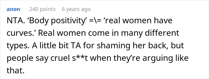 Text post from an anonymous user debating body positivity and calling out skinny-shaming in a heated online discussion.