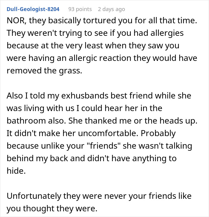 Comment discussing a roommate prank involving grass to test allergies and its impact on the person&rsquo;s comfort.