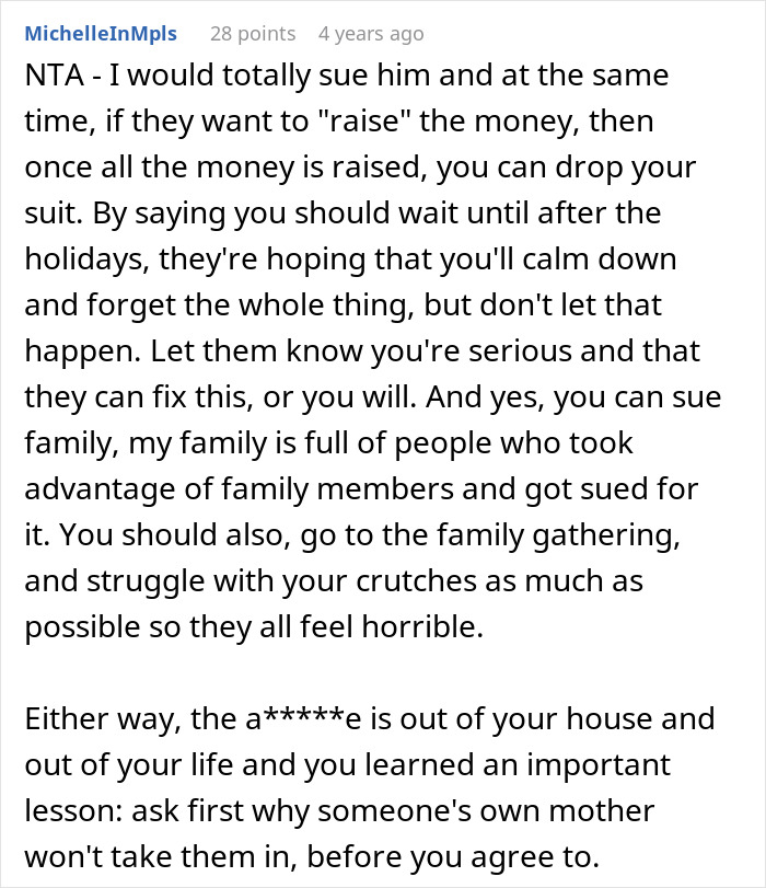 Screenshot of a Reddit comment advising on suing cousin for a cruel prank and facing the aunt’s unexpected reaction.