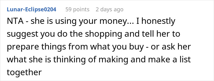 Commenter discussing a mom accused of embarrassing son’s girlfriend who offered to cook meals for them. Commenter discussing a mom accused of embarrassing son’s girlfriend who offered to cook meals for them.