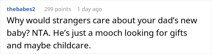 Reddit comment criticizing dad cutting off late wife’s family then demanding they welcome his new baby, teen calls him out. Reddit comment criticizing dad cutting off late wife’s family then demanding they welcome his new baby, teen calls him out.