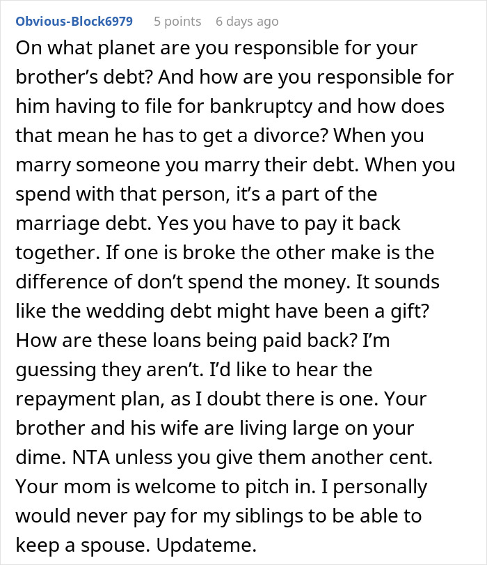 Reddit comment screenshot debating brother money wife family responsibilities and paying siblings' debts Reddit comment screenshot debating brother money wife family responsibilities and paying siblings' debts
