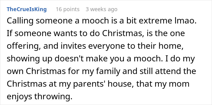 Screenshot of a comment discussing adults claiming feminism but leaving moms to do all Christmas labor. Screenshot of a comment discussing adults claiming feminism but leaving moms to do all Christmas labor.