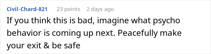 Comment text on a white background discussing psycho behavior and advising to exit safely.