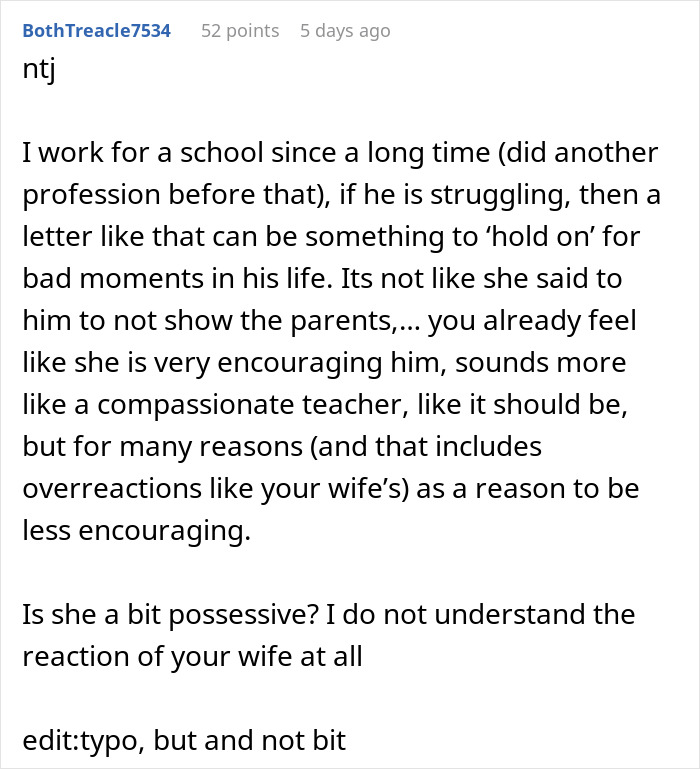 Commenter discusses mom furious over teacher’s note to her son, with dad thinking she’s overreacting to the situation. Commenter discusses mom furious over teacher’s note to her son, with dad thinking she’s overreacting to the situation.