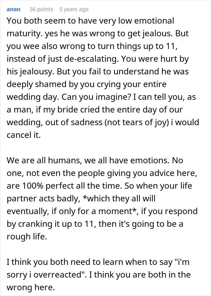 Comment discussing emotional maturity and reactions in a marriage that fell apart within two weeks after wedding issues. Comment discussing emotional maturity and reactions in a marriage that fell apart within two weeks after wedding issues.