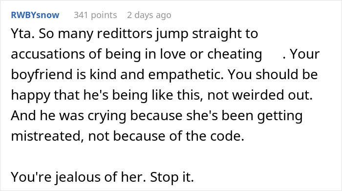Screenshot of Reddit comment discussing boyfriend in tears over misogyny faced by female colleague, and jealous girlfriend's discomfort. Screenshot of Reddit comment discussing boyfriend in tears over misogyny faced by female colleague, and jealous girlfriend's discomfort.