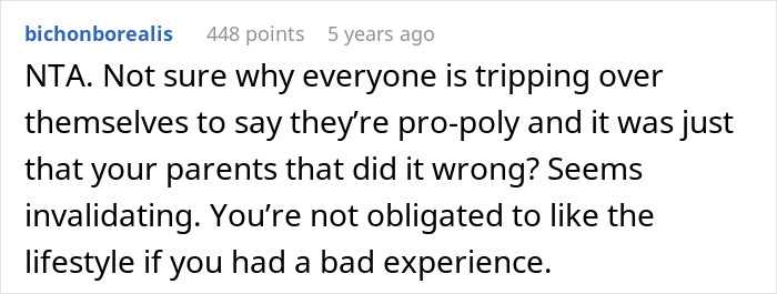 Screenshot of an online comment discussing parents favoring polyamorous partners over their child and the resulting trauma.