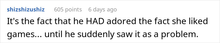 Comment on a forum post discussing a guy mocking his girlfriend for playing video games to unwind, calling it not ladylike. Comment on a forum post discussing a guy mocking his girlfriend for playing video games to unwind, calling it not ladylike.