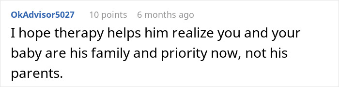 Comment text stating hope that therapy helps husband prioritize his wife and baby over his mother’s influence.