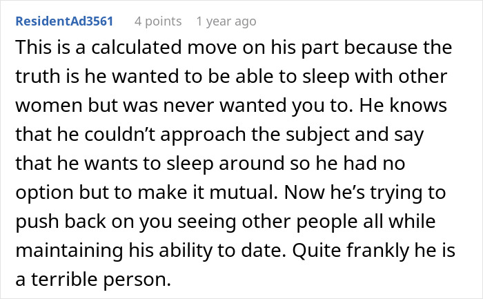 Alt text: Screenshot of a Reddit comment discussing a man pushing for open marriage and struggling with insecurity.