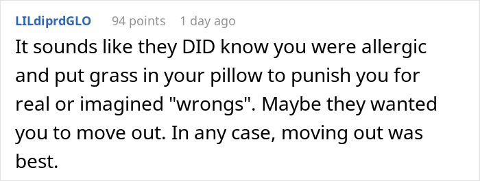 Comment discussing a guy trying to prove roommate is not allergic to grass by placing grass in her pillow as a prank.