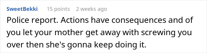 Comment warning about consequences of actions related to mom nuked credit score situation shown as text.