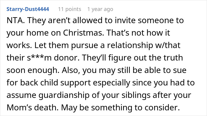 Screenshot of a Reddit comment discussing family conflict after siblings reveal a surprise plan and consequences from a guy’s perspective. Screenshot of a Reddit comment discussing family conflict after siblings reveal a surprise plan and consequences from a guy’s perspective.