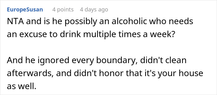 Screenshot of a woman’s comment discussing boundary issues during boys’ nights at their house after they go too far. Screenshot of a woman’s comment discussing boundary issues during boys’ nights at their house after they go too far.