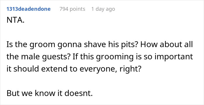 Screenshot of a forum comment discussing discomfort over bride and groom taking a woman’s hairy armpits as an insult. Screenshot of a forum comment discussing discomfort over bride and groom taking a woman’s hairy armpits as an insult.