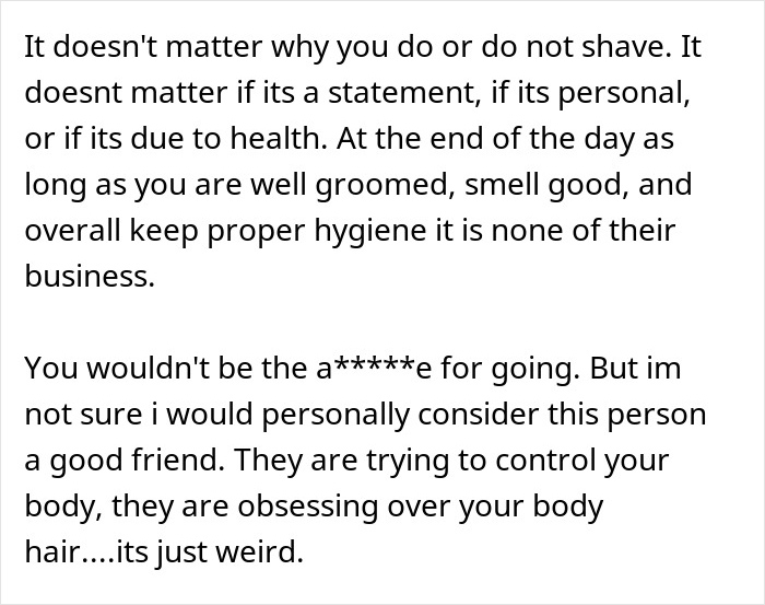 Text discussing personal hair grooming choices and opinions on guests uncomfortable with hairy armpits at events. Text discussing personal hair grooming choices and opinions on guests uncomfortable with hairy armpits at events.