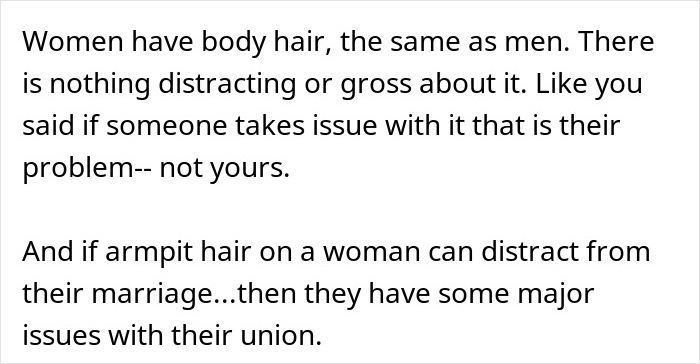 Text image discussing how women having body hair is natural and that discomfort over a woman's hairy armpits can reflect deeper marital issues. Text image discussing how women having body hair is natural and that discomfort over a woman's hairy armpits can reflect deeper marital issues.