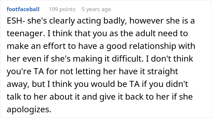 Comment discussing teenager's rude behavior and the importance of accepting dad's girlfriend's gift after apology. Comment discussing teenager's rude behavior and the importance of accepting dad's girlfriend's gift after apology.
