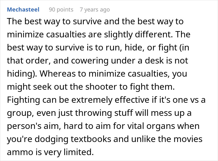 Text discussing mass shooting survival tips highlighting running, hiding, or fighting strategies to minimize casualties.